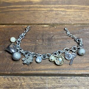 Silver Charm Bracelet with Heart, Key, Flower and More Beads